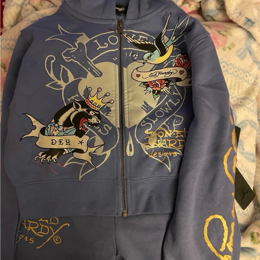 Ed Hardy Blue Sweatshirt with Artistic Design